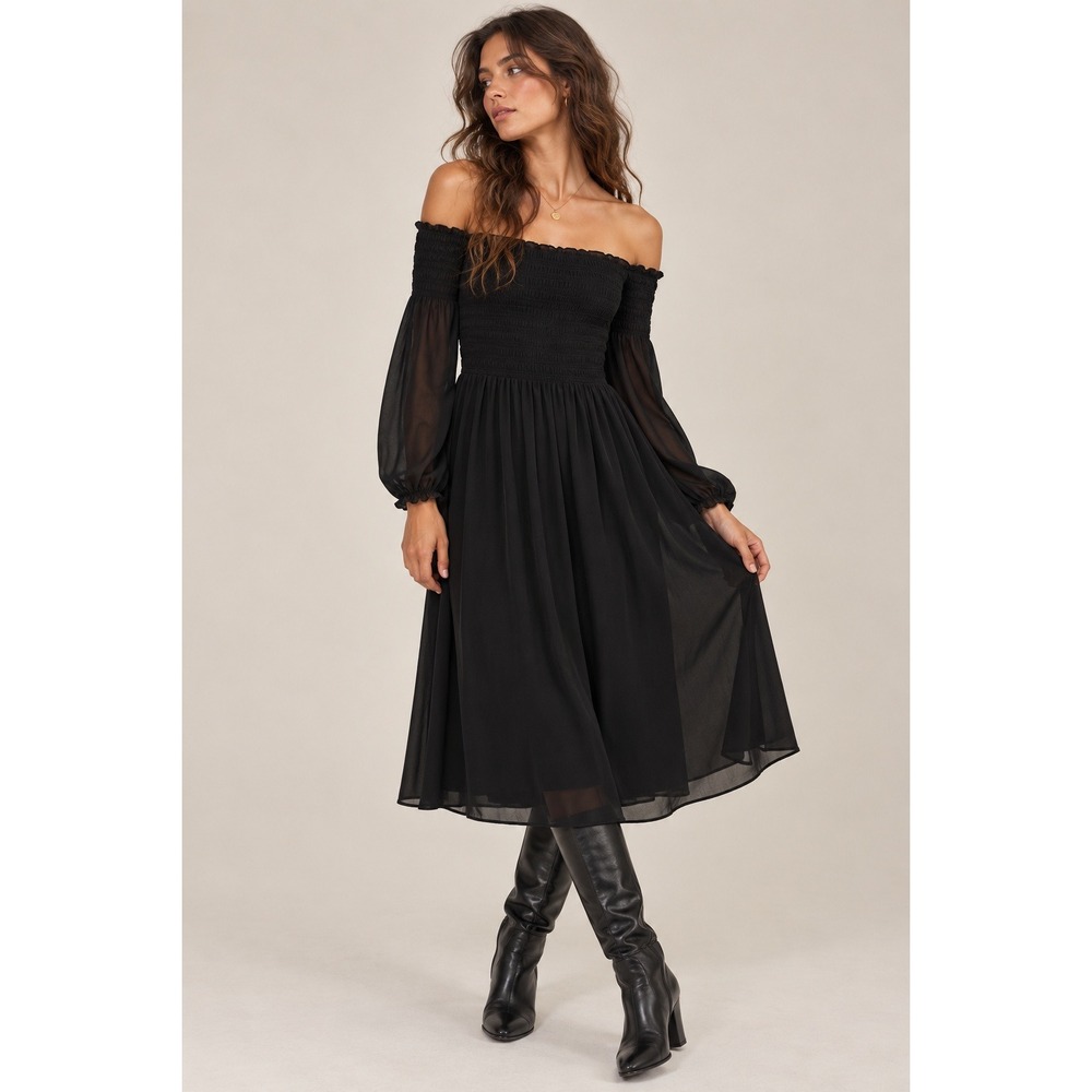Aritzia Wilfred Margaret Midi Dress S Black Smocked Off-Shoulder Chiffon Sheer